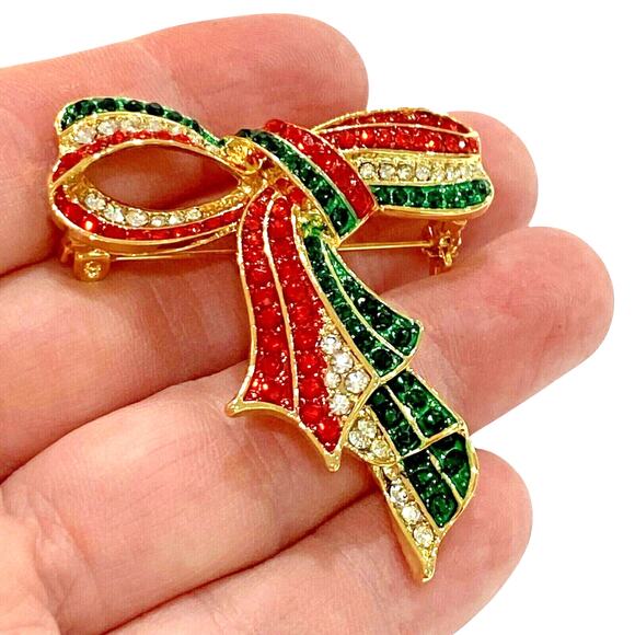 Festive Christmas Brooch Gold Setting Red Green Rhinestones Festive Bow Pendant - Picture 7 of 7